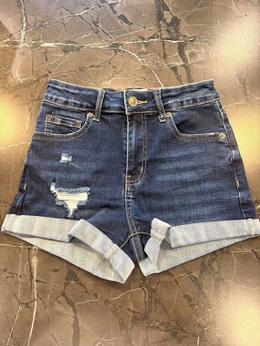 Distressed Cuffed Jean Shorts in Blue